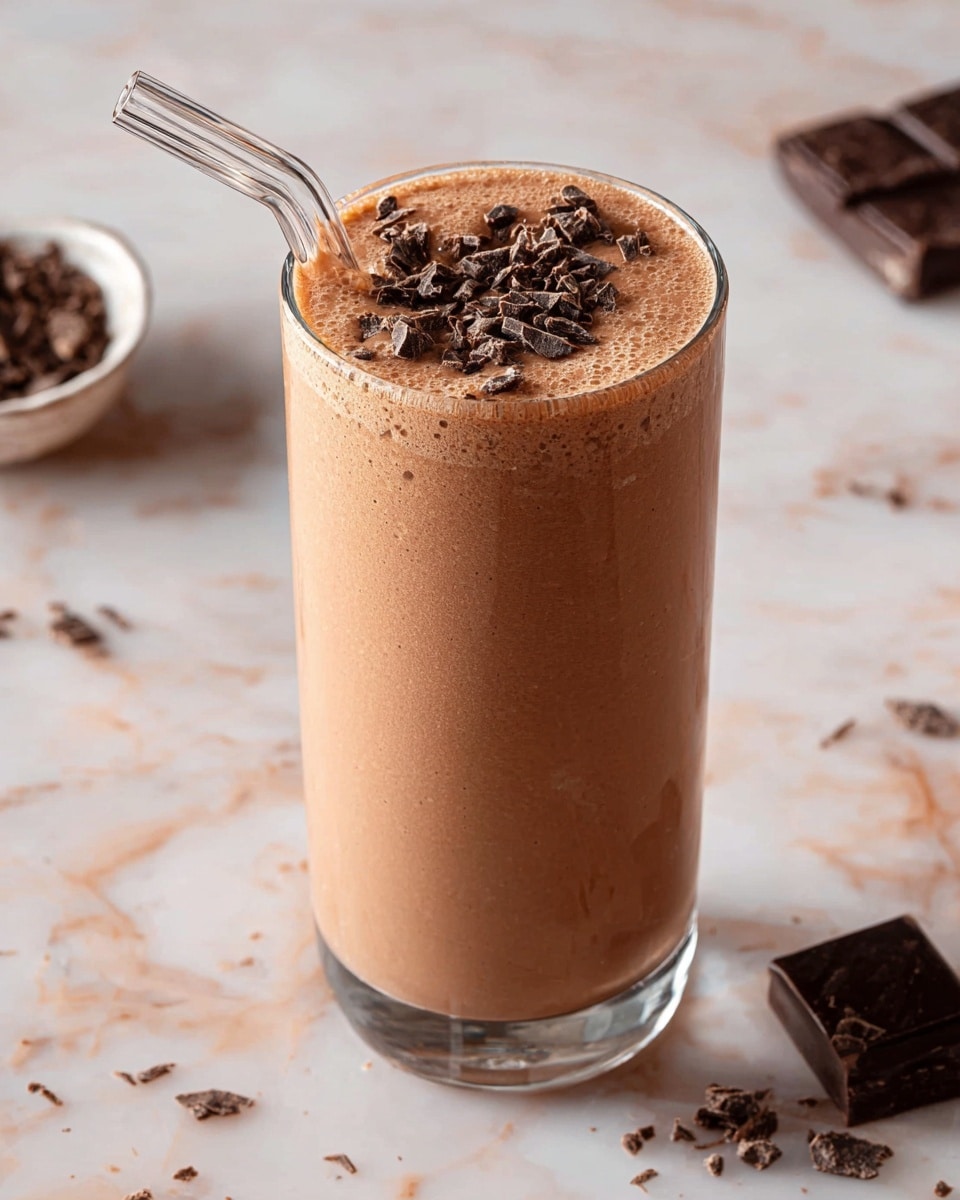 A tall clear glass filled with a light brown chocolate smoothie, with small bubbles visible on the top layer, is garnished with a generous amount of dark chocolate chunks. A clear glass straw is placed inside the glass, slightly tilted to the left. The glass sits on a white marbled surface with scattered pieces of dark chocolate nearby and a small white bowl of dark chocolate chunks in the background. photo taken with an iphone --ar 4:5 --v 7