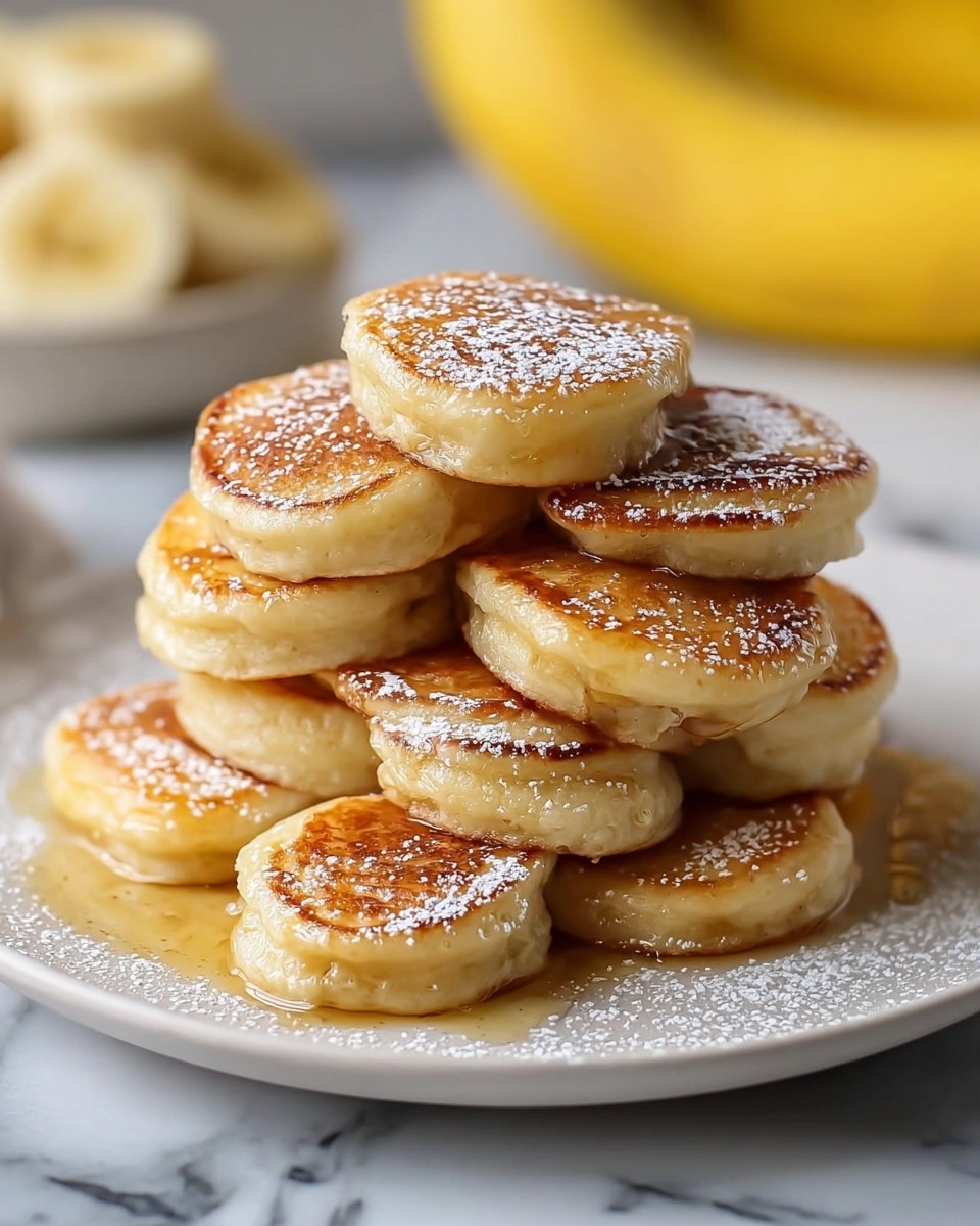 The image shows a stack of small round banana pancakes arranged in a pyramid shape on a white plate. Each pancake has a golden-brown top with a visible banana slice cooked into the center, showing a soft, light yellow texture inside. The edges of the pancakes are slightly thicker and fluffy with a lightly browned crust. The top pancakes are drizzled with honey or syrup, adding a shiny glaze that drips down the sides. A fine dusting of powdered sugar is sprinkled lightly over the entire stack. The plate sits on a white marbled surface with sliced bananas in soft focus nearby and whole bananas blurred in the background. photo taken with an iphone --ar 4:5 --v 7
