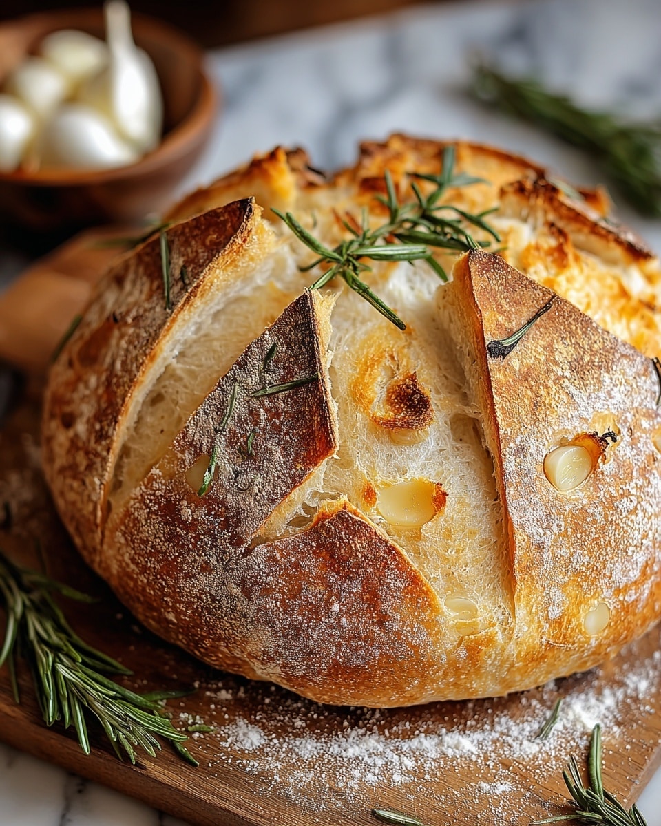 A round loaf of bread with a golden brown crust and slightly charred edges sits on a wooden board dusted with flour. The crust has deep cuts forming a cross shape, revealing the airy, soft white inside with a light, fluffy texture. Whole garlic cloves and green sprigs of rosemary are tucked into the cuts, adding color and texture contrast. The bread looks rustic and freshly baked, with a crunchy exterior and tender interior. The background shows blurred garlic bulbs and rosemary on a white marbled texture. photo taken with an iphone --ar 4:5 --v 7