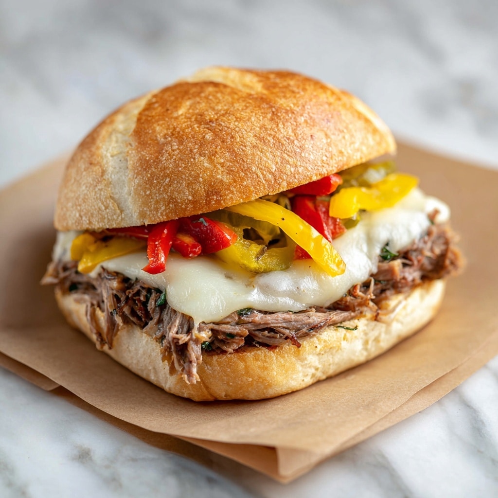 A sandwich with a soft, lightly browned top bun resting on a base bun filled with shredded brown meat as the bottom layer. On top of the meat is a melted light gray cheese layer that looks smooth and creamy. Above the cheese are bright red roasted pepper strips mixed with some yellow pepper slices, adding a pop of color and texture. The sandwich is lined with thinly sliced yellow-green pickled peppers on the very top, creating a fresh and tangy look. All this is placed on a piece of light brown parchment paper over a white marbled surface. photo taken with an iphone --ar 4:5 --v 7
