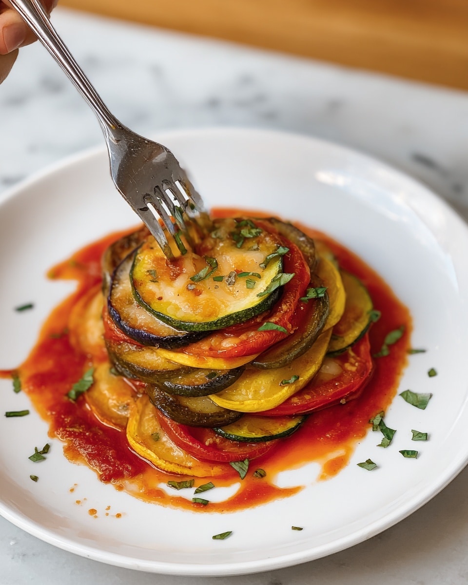 The dish shows a stack of layered round slices of vegetables including green zucchini, yellow squash, and red tomato, all cooked and lightly browned at the edges. The layers are arranged in a circular mound on a white plate, with the vegetable slices overlapping each other. There is a light sprinkle of green herbs on top and around the plate. A thin red sauce is drizzled in a semi-circle around the base of the stack, with some drops spread on the plate. A silver fork is pressing into the top layers, highlighting the soft texture of the cooked vegetables. The plate sits on a white marbled texture. photo taken with an iphone --ar 4:5 --v 7