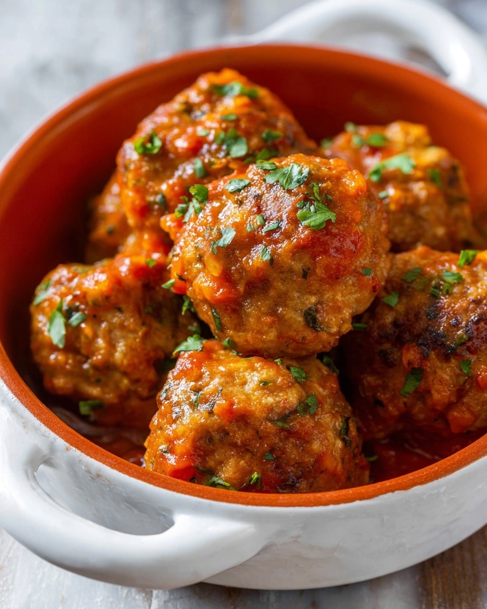 A large white pot with red handles holds around 28 golden-brown meatballs, each lightly textured and sprinkled with small green herb pieces. The meatballs sit in a thick, rich orange-red tomato sauce textured with small bits of vegetables and herbs. A silver spoon rests inside the pot, slightly lifting a cluster of meatballs, showing the sauce's thickness. The pot rests on a white marbled surface, adding light contrast to the warm colors of the dish. photo taken with an iphone --ar 4:5 --v 7