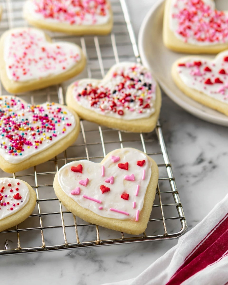 A white round plate holds eight heart-shaped sugar cookies, each with a smooth white icing layer on top. The cookies are decorated with various small sprinkles in red, pink, and white colors; some have tiny round beads while others have sticks or heart shapes, scattered evenly across the icing. The cookies have a pale yellow base with slightly rounded edges. Around the plate, there are more cookies and a small clear bowl filled with similar colorful sprinkles, all set on a white marbled surface. photo taken with an iphone --ar 4:5 --v 7