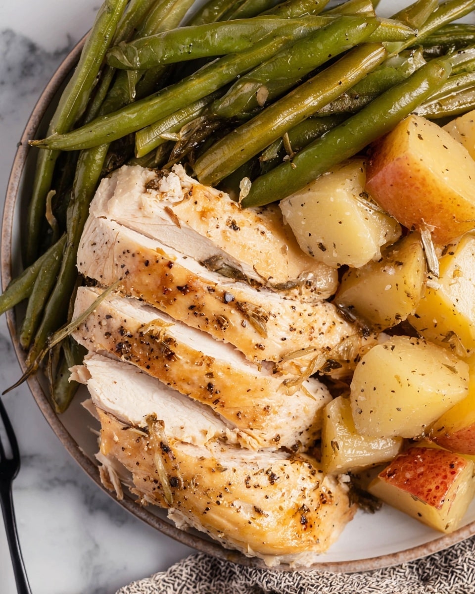 A close-up image of a plate with four main sections: at the top, long green beans with a shiny, cooked texture and sprinkled with crushed black pepper, in the middle left, several thick slices of cooked turkey breast showing a golden brown exterior and juicy white inside with some pepper and spice on top, on the middle right and bottom right, large chunks of cooked potatoes with pale yellow flesh and lightly seasoned with black pepper, and at the bottom left, shredded turkey meat with visible fibers and seasoning. The plate is black, placed on a white marbled surface, and a woman's hand holds a gold fork in the bottom left corner. Photo taken with an iphone --ar 4:5 --v 7