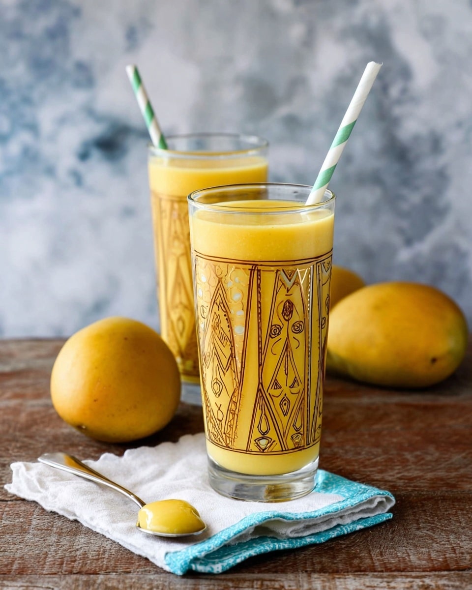 Two tall clear glasses with gold decorative patterns, each filled mostly with a thick yellow mango smoothie with a white and green striped paper straw. One glass is closer to the front, filled evenly, while the other is further back with less smoothie inside. Two whole yellow mangoes sit nearby on a white marbled textured surface, one closer to the front and one near the back glass. A silver spoon with some pale yellow mango smoothie rests on the surface near the front glass, beside a white napkin with a blue edge. Photo taken with an iphone --ar 4:5 --v 7