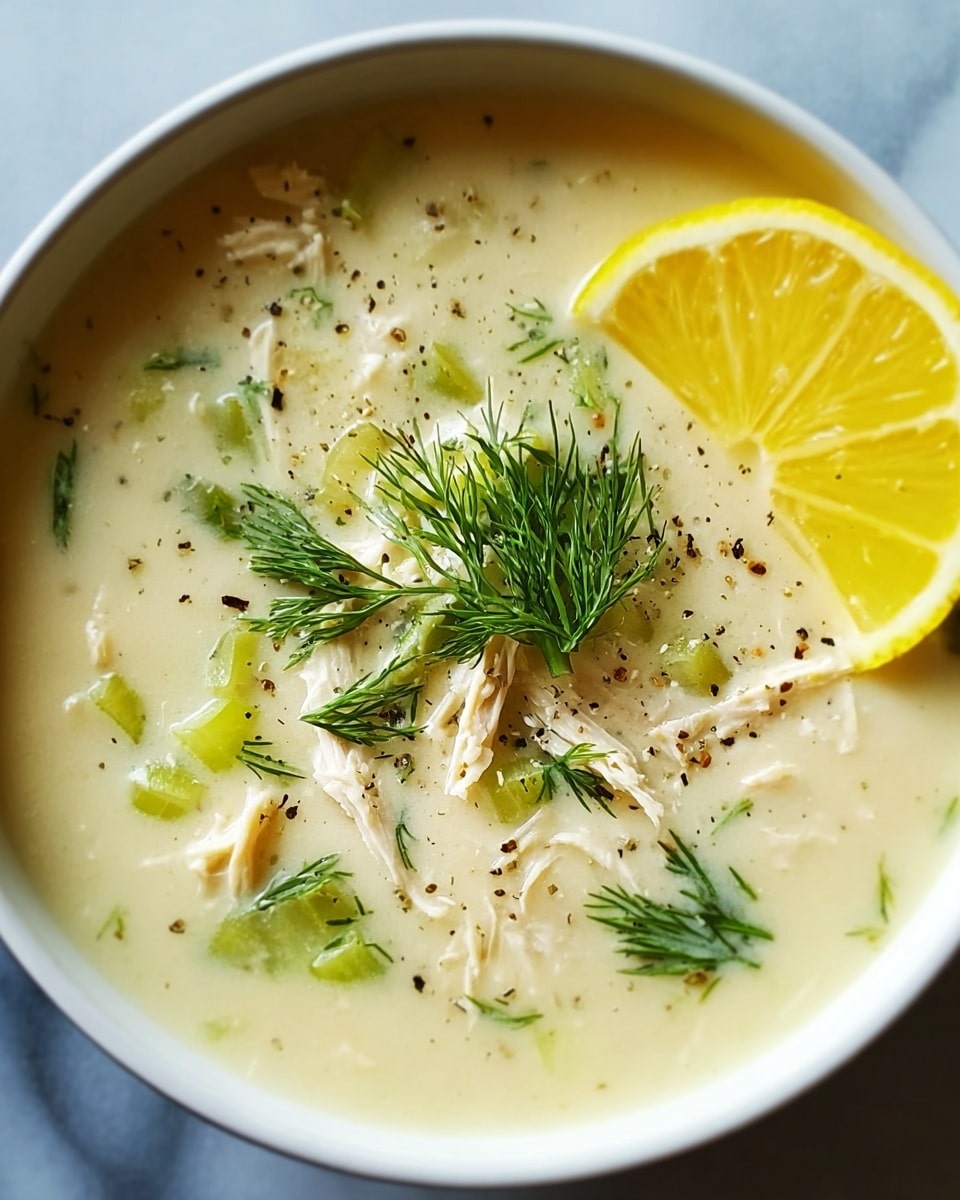 A close-up view of creamy white chicken soup in a white bowl, showing shredded chicken pieces and small green celery bits inside a smooth, light yellow broth. On top, there is a bright yellow lemon slice and fresh green dill sprigs, sprinkled with coarse black pepper. The bowl sits on a white marbled texture surface with a blurred background of fresh dill and lemon. photo taken with an iphone --ar 4:5 --v 7