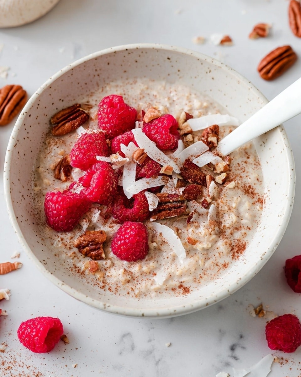 A close-up of a bowl of creamy oatmeal topped with fresh bright red raspberries, large white coconut flakes, and chunks of brown pecans scattered on top. The oatmeal has a light beige color with a smooth yet slightly grainy texture, and a light dusting of brown cinnamon powder sprinkled over part of the dish. The bowl is white with small speckled detailing, placed on a white marbled surface. A white spoon is inserted into the oatmeal on the right side of the bowl. Nearby on the surface are additional raspberries and pecans spread around casually. photo taken with an iphone --ar 4:5 --v 7