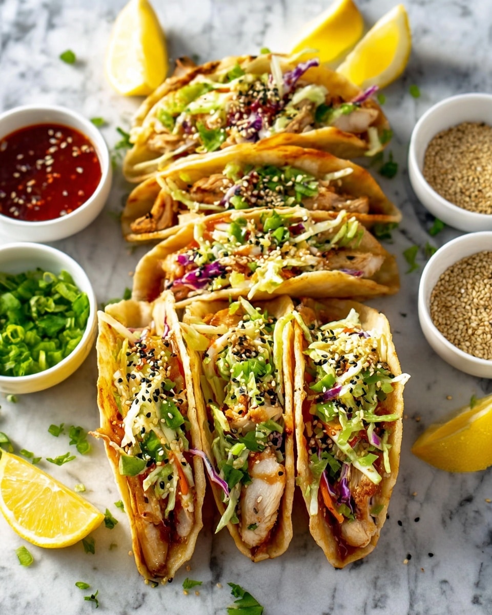 The image shows a row of crispy mini tacos with three layers inside: the first layer contains golden-brown grilled chicken pieces, the second layer is made of colorful shredded cabbage and carrots mixed with green herbs, and the third layer is sprinkled with chopped cilantro and sesame seeds on top. The tacos are arranged on a white marbled surface, with lime wedges scattered around. There are three small white bowls nearby: one filled with black and white sesame seeds, another with green chopped herbs, and the third with bright red dipping sauce. The tacos have a crunchy, textured shell that is light golden in color. Photo taken with an iphone --ar 4:5 --v 7