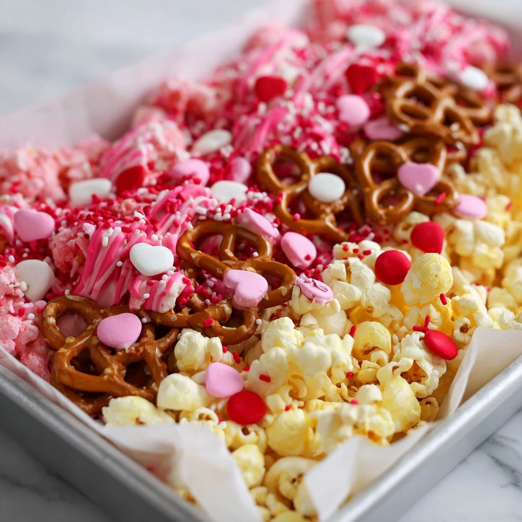 The image shows a close-up of a snack mix in a white tray lined with white parchment paper, placed on a white marbled surface. The mix has three main layers: the bottom layer is light yellow popcorn with a fluffy texture, the middle layer contains brown pretzels with a crunchy appearance, and the top layer is decorated with pink drizzled coating, pink and red heart-shaped sprinkles, small red round candies, and red and white tiny round sprinkles scattered evenly over the top. The overall look is colorful and festive with pink, red, brown, and white shades. photo taken with an iphone --ar 4:5 --v 7