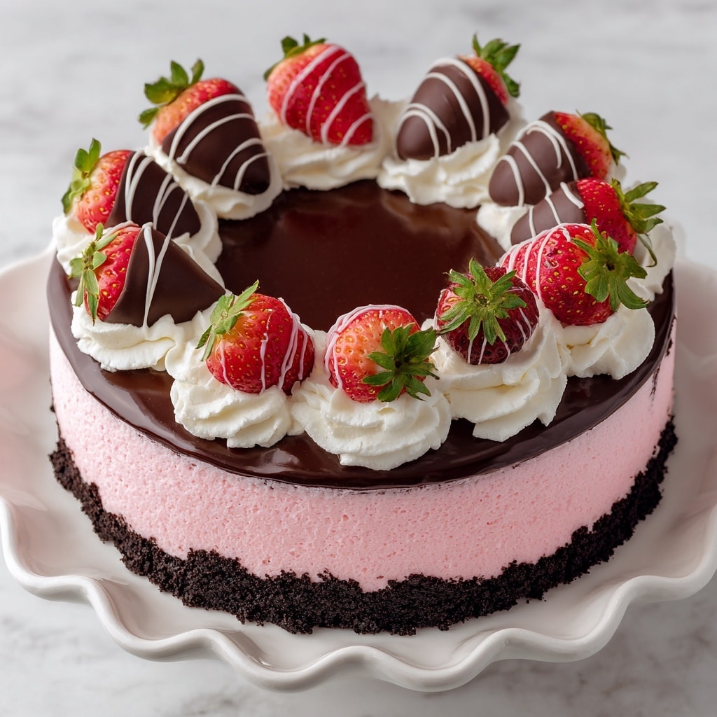 The image shows a layered dessert with three visible layers on a white scalloped plate. The bottom layer is dark and crumbly, resembling a cookie crust. The middle layer is thick and light pink with a smooth, mousse-like texture. The top layer is a thin, glossy dark chocolate coating. Sitting on top of the chocolate layer are eight swirled pink cream dollops evenly spaced around the edge. Each dollop holds a chocolate-covered strawberry decorated with white chocolate lines. The strawberries are fresh with green leaves on top. In front of the plate, there is a halved strawberry and some scattered dark chocolate chips, all set against a white marbled surface. photo taken with an iphone --ar 4:5 --v 7