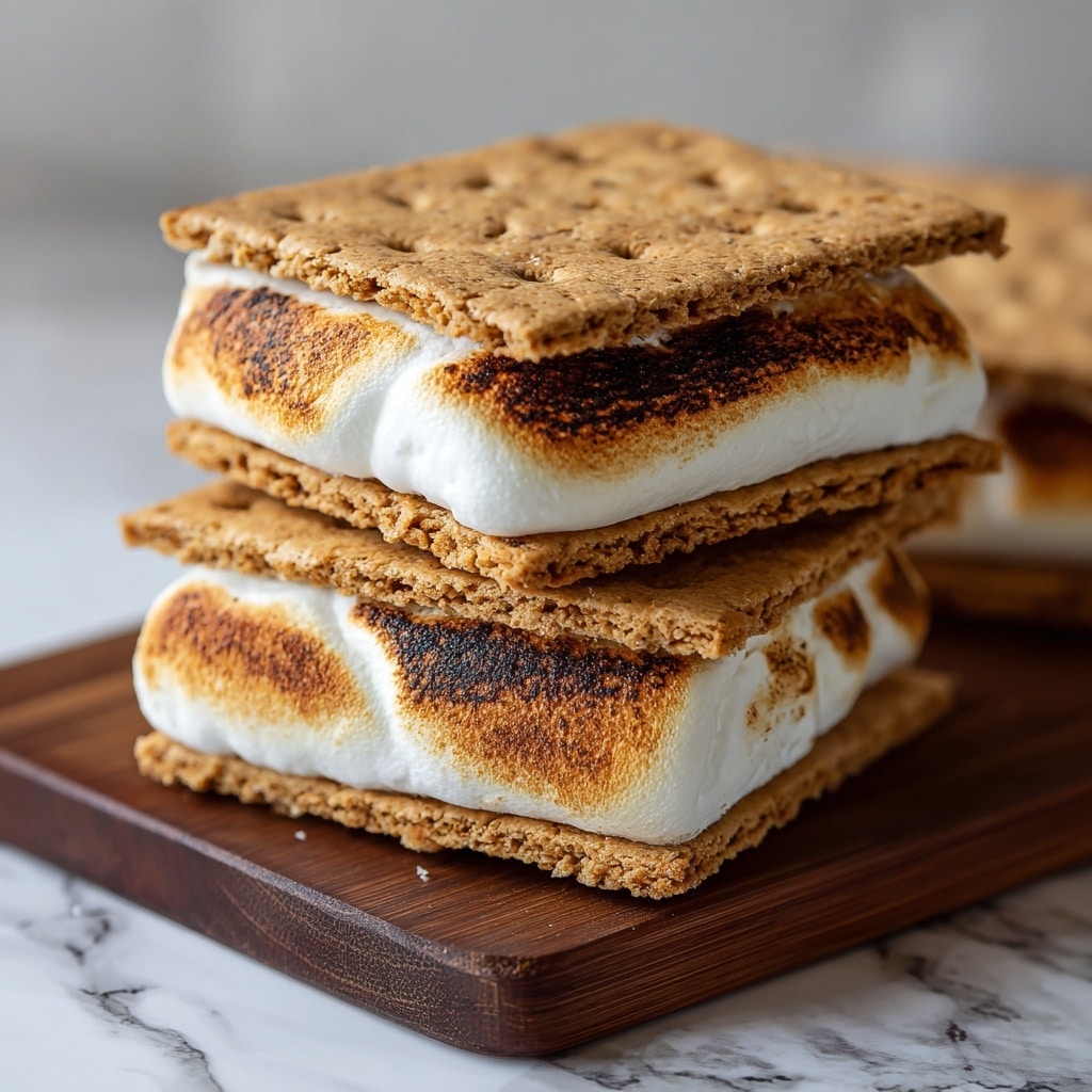 A close-up view of a toasted s'more held by a woman's hand, showing three layers: a square, light brown graham cracker on top, a thick, melted chocolate layer in the middle with a smooth, shiny texture, and a large, fluffy white toasted marshmallow beneath it. The s'more is being held over a blurred background with more s'mores and loose marshmallows on a white marbled surface, which softly contrasts with the warm colors of the treat. photo taken with an iphone --ar 4:5 --v 7