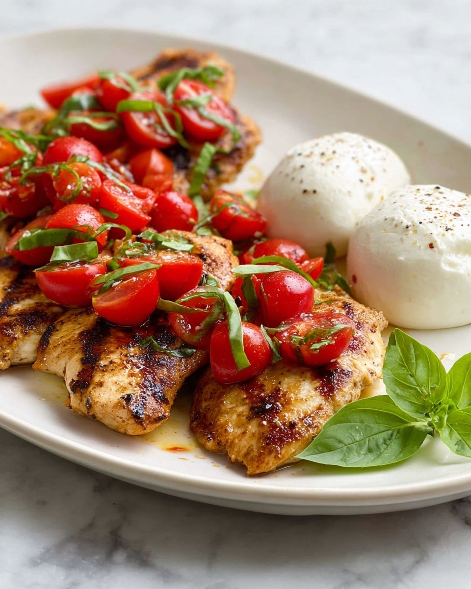 An oval white plate holds three pieces of grilled chicken breast with visible grill marks and a golden-brown color, arranged in the center. On top and around the chicken are chopped red cherry tomatoes and thin slices of fresh green basil leaves. To the right side of the plate are two smooth white mozzarella cheese portions, each topped with chopped tomatoes and a sprinkle of black pepper. Whole basil leaves are placed near the cheese and chicken for decoration. The plate sits on a white marbled surface with a few scattered small pink flower petals and peppercorns. photo taken with an iphone --ar 4:5 --v 7