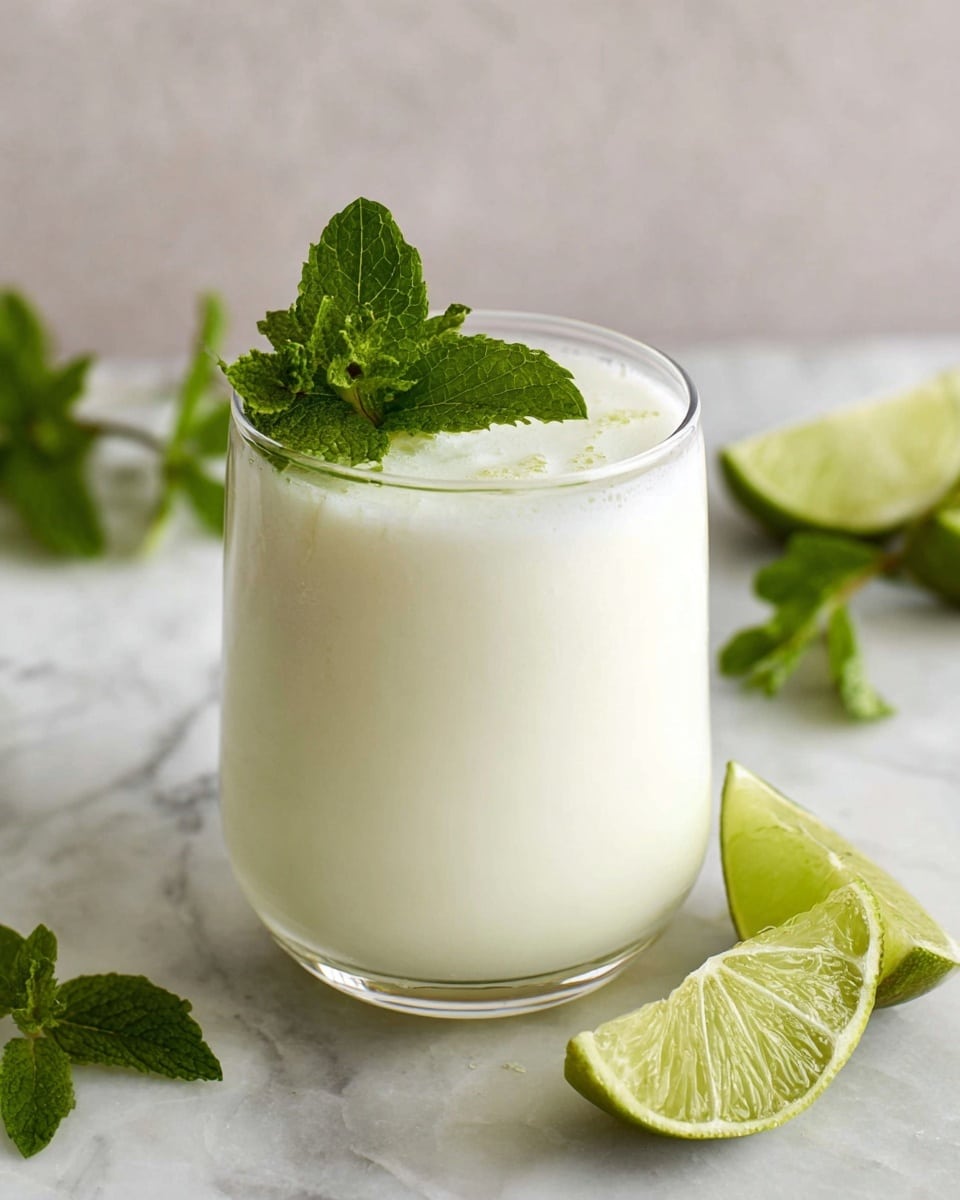 The image shows two thick, creamy pale yellow drinks in clear glasses on a white marbled surface. The front glass is tall, slightly wider at the bottom, filled with a smooth drink and topped with fresh green mint leaves. Next to it, there is a short glass with the same drink, also garnished with mint. Surrounding the glasses are small ice cubes, a lime wedge, a single purple flower, and some crystals that look like sugar or salt. In the background, there is a taller clear glass with a yellowish liquid and a small copper cup holding more mint leaves. The entire scene is set against a rough light brown textured wall. Photo taken with an iphone --ar 4:5 --v 7