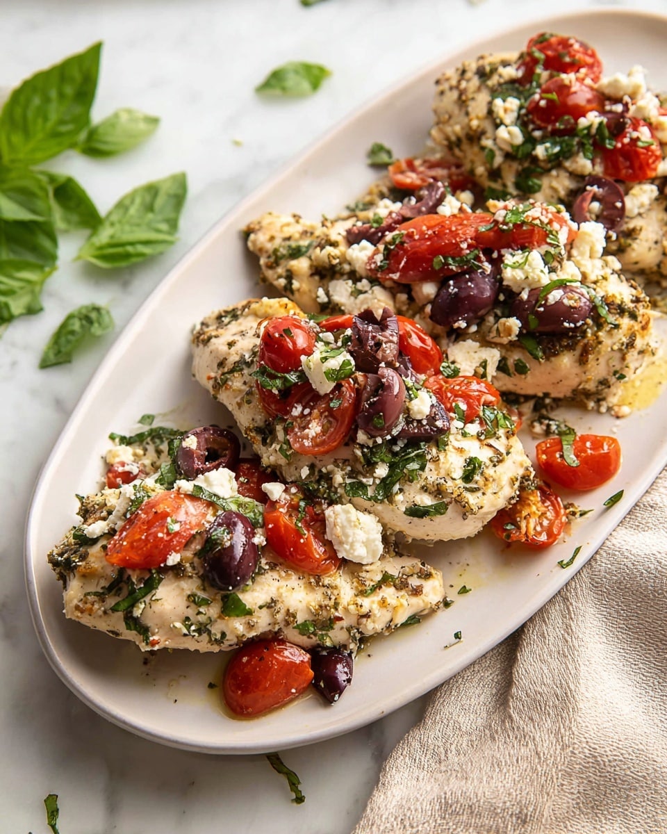 The image shows a white rectangular baking dish with a layered dish inside. The bottom layer has thin pieces of pale brown chicken fillets, coated lightly with herbs and seasoning. On top of the chicken, there is a thick layer of bright red halved cherry tomatoes spread evenly. Scattered over the tomatoes are chunks of soft white feta cheese, and chopped dark purple olives are sprinkled all over. Thin green strips of fresh basil are spread across the top, adding contrast. The dish rests on a white marbled surface. Photo taken with an iphone --ar 4:5 --v 7