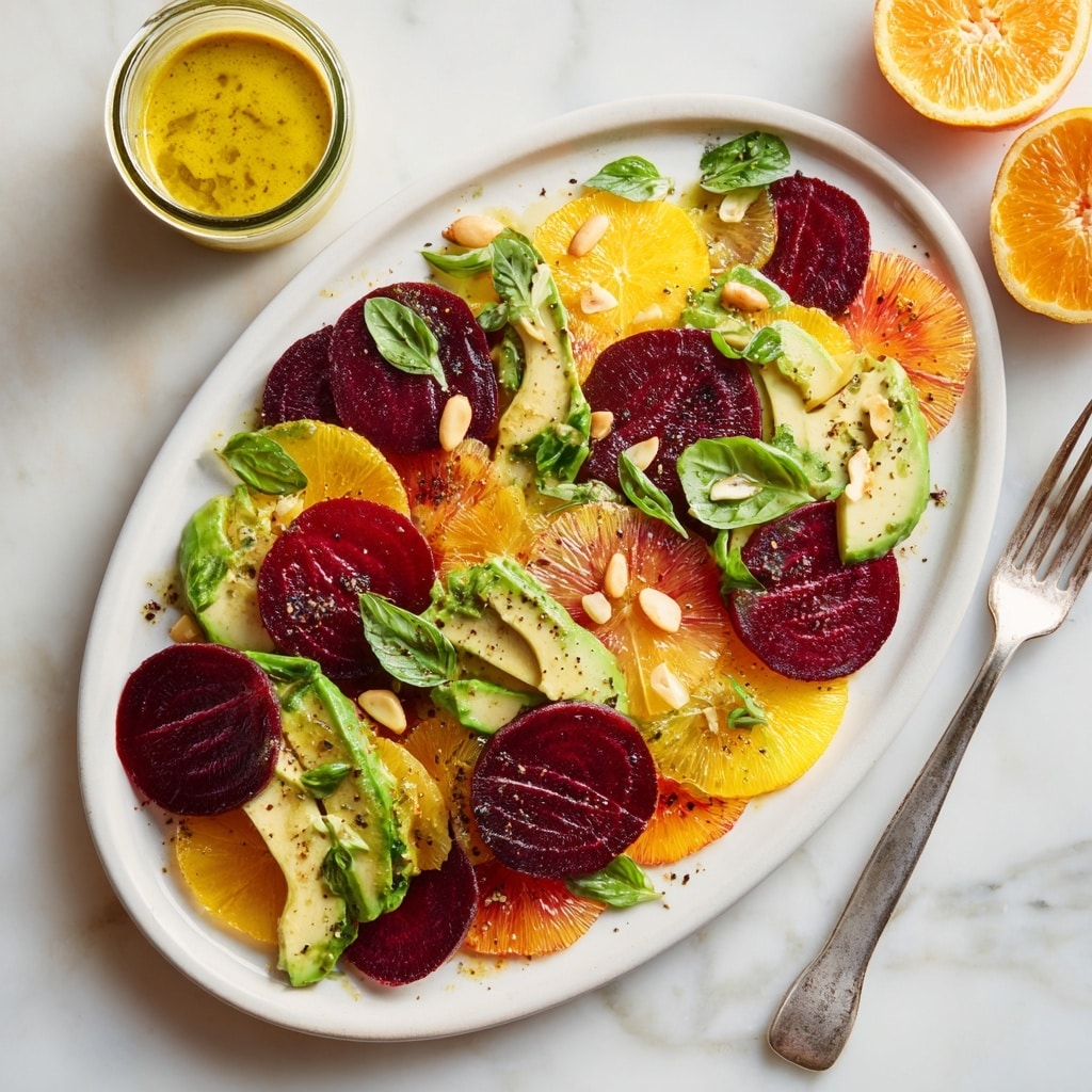 A white oval plate sits on a white marbled surface, holding a colorful fruit and vegetable salad arranged in layers. The bottom layer has thin, round slices of bright orange and yellow citrus fruits spread evenly. On top of that are deeper red-purple slices of beets, scattered around the plate. Next, pale green slices of avocado with smooth texture are fanned out in groups around the salad. Small white pine nuts are sprinkled over the whole dish, adding contrast in small spots. Fresh small green basil leaves are placed here and there, adding fresh color. A woman's hand is pouring a light yellow dressing from a small glass jar over the salad, the dressing spreading softly over the layers. photo taken with an iphone --ar 4:5 --v 7
