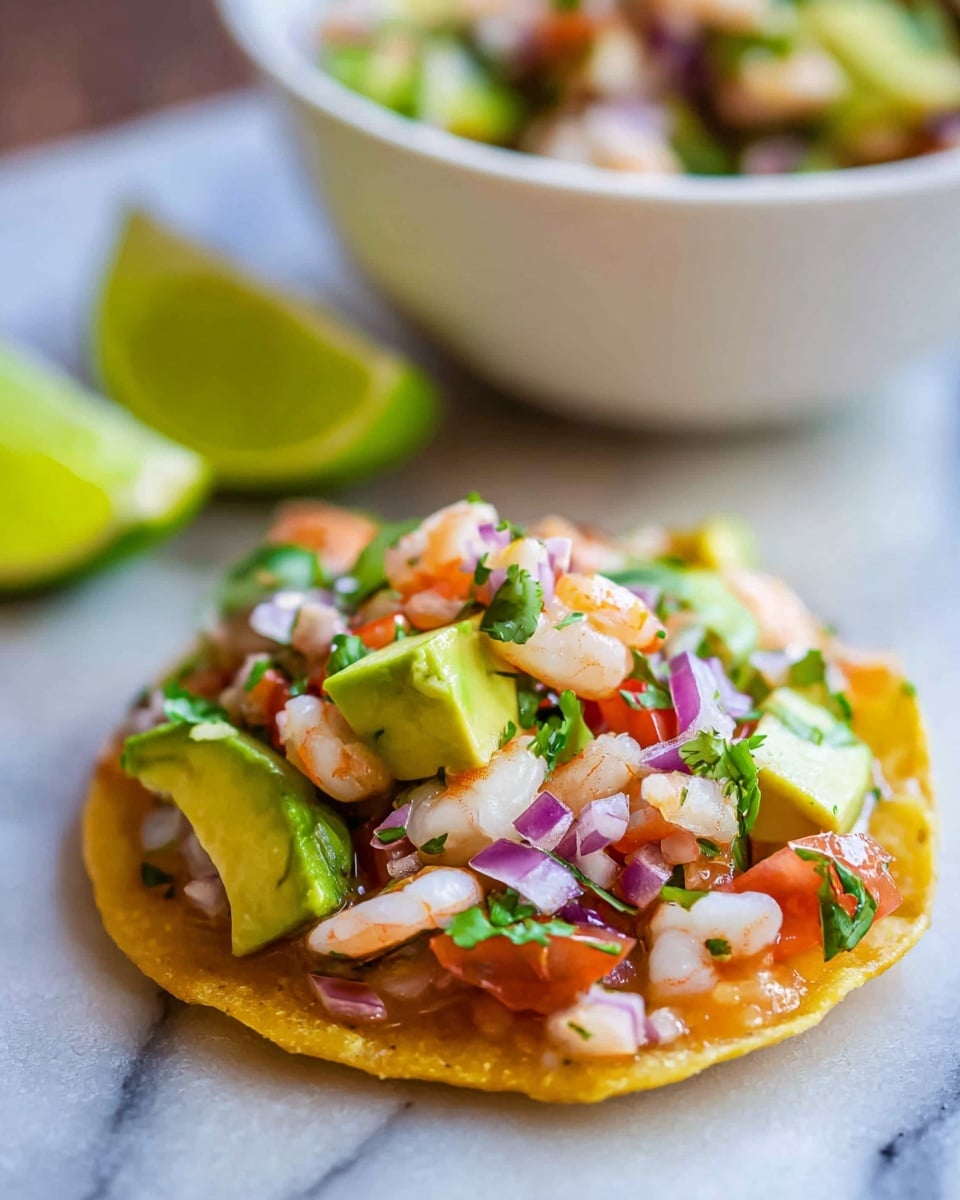This is a close-up image of a colorful shrimp ceviche in a clear glass bowl. The mixture consists of small shrimp, diced avocado, red onion, tomatoes, cucumber, and fresh green herbs, all mixed in a light, watery citrus sauce. The ingredients are evenly chopped into small pieces, showing mostly green, red, purple, and pink colors all mixed together. A metal spoon is partially visible in the bowl, slightly submerged in the ceviche. The bowl sits on a white marbled surface. Photo taken with an iphone --ar 4:5 --v 7