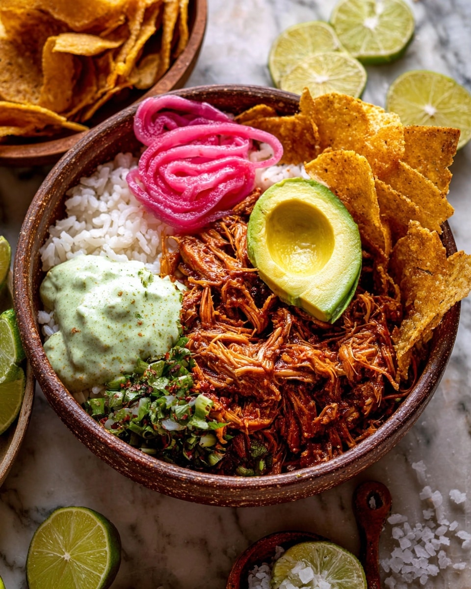 The image shows a bowl filled with several layers and colors of food on a white marbled surface. The first layer on the left side is shredded meat in a rich red sauce, with some green creamy sauce drizzled on top. Next to the meat is a small pile of white rice with green herbs mixed in. On the right side of the bowl are thin slices of bright pink pickled vegetables and a half lime with its green peel. Above the lime and pickles are fresh green onion strips. Around the edge of the bowl, there are several crispy golden brown tortilla chips sprinkled lightly with coarse salt. The bowl is tan and thick, and there is a clear glass of golden liquid in the background. Photo taken with an iphone --ar 4:5 --v 7
