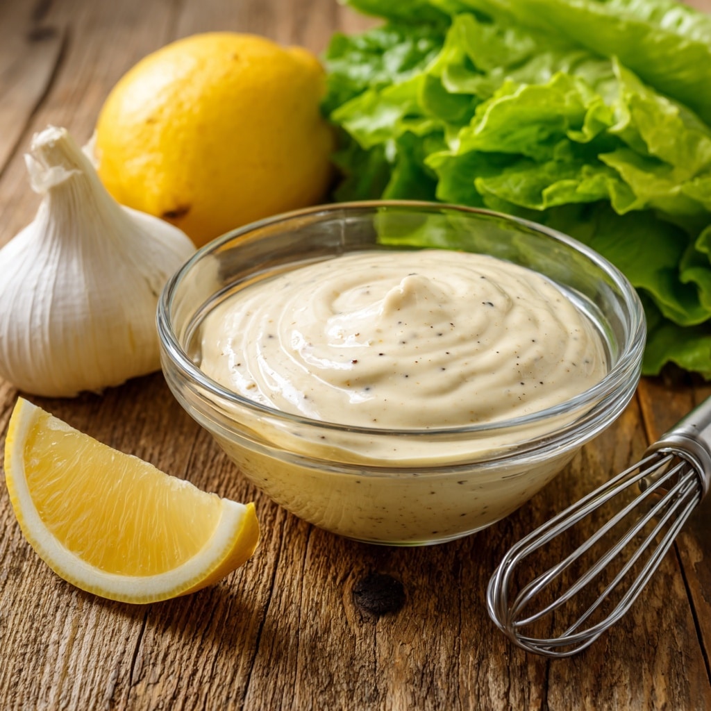A large white bowl is filled with a fresh salad showing green lettuce leaves as the base layer, mixed with slices of grilled chicken that are light brown, and golden brown croutons scattered on top. There are also thin yellow lemon wedges placed around the bowl's edge. A woman's hand pours a creamy, light beige dressing from a clear glass pitcher over the salad. Two wooden salad spoons rest inside the bowl, standing against the side. The bowl sits on a surface with a white marbled texture. Photo taken with an iphone --ar 4:5 --v 7