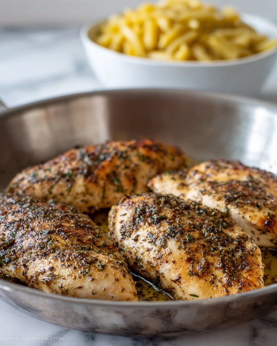 The image shows five cooked chicken breasts in a silver pan, each breast coated with herbs and spices giving a speckled dark green and black texture on a golden-brown surface. The chicken breasts are arranged closely together, filling the pan. In the background, there is a white bowl filled with yellow pasta, slightly out of focus, all set on a white marbled surface. photo taken with an iphone --ar 4:5 --v 7