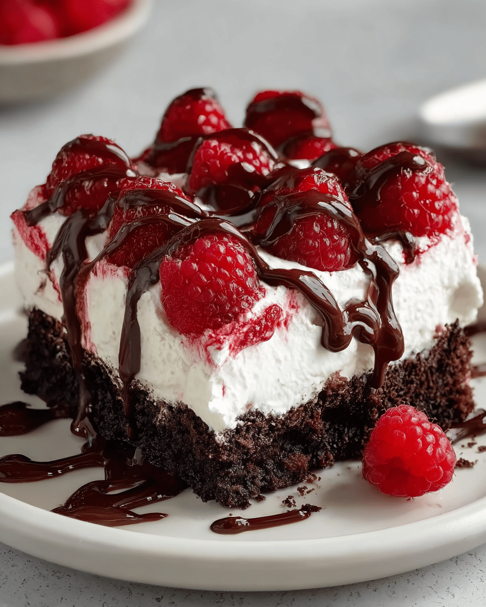 A square piece of chocolate cake with three visible layers sits on a white plate over a red and white striped cloth. The bottom layer is thick and dark brown with a crumbly texture. The middle layer is white cream mixed with red cherry bits, spread evenly on top of the cake base. The top layer is a smooth white cream, decorated with several whole shiny red cherries and dark brown piped chocolate cream swirls, along with chocolate shavings scattered around. A silver fork lies next to the cake on the plate. The background shows a blurred white bowl and a white marbled surface. photo taken with an iphone --ar 4:5 --v 7