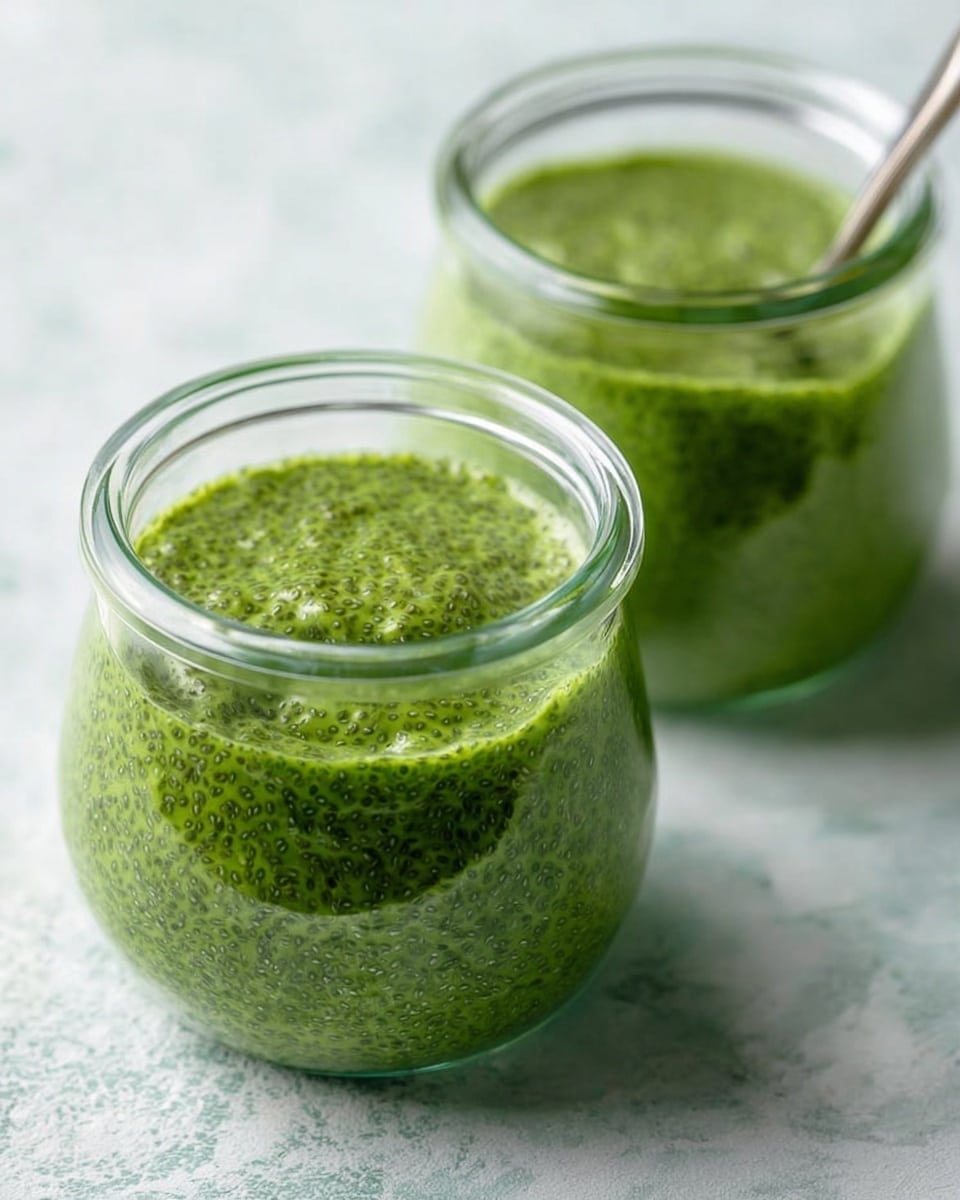 Two clear glass jars filled with a thick green chia pudding, showing many small chia seeds suspended evenly throughout the creamy mixture. The pudding fills each jar almost to the top with a smooth and slightly textured surface. The jars are placed on a white marbled textured surface. Photo taken with an iphone --ar 4:5 --v 7