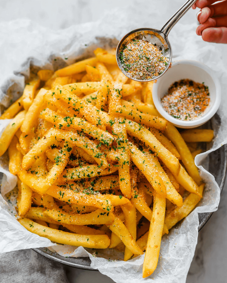 A close-up view of long, golden yellow fries covered with small green herb flakes and lightly dusted with fine orange and white seasoning, all piled high in a bowl lined with white parchment paper. A silver spoon filled with more seasoning is held above the fries by a woman's hand, with a small white bowl of the same seasoning placed on the side. The scene sits on a white marbled textured surface. photo taken with an iphone --ar 4:5 --v 7