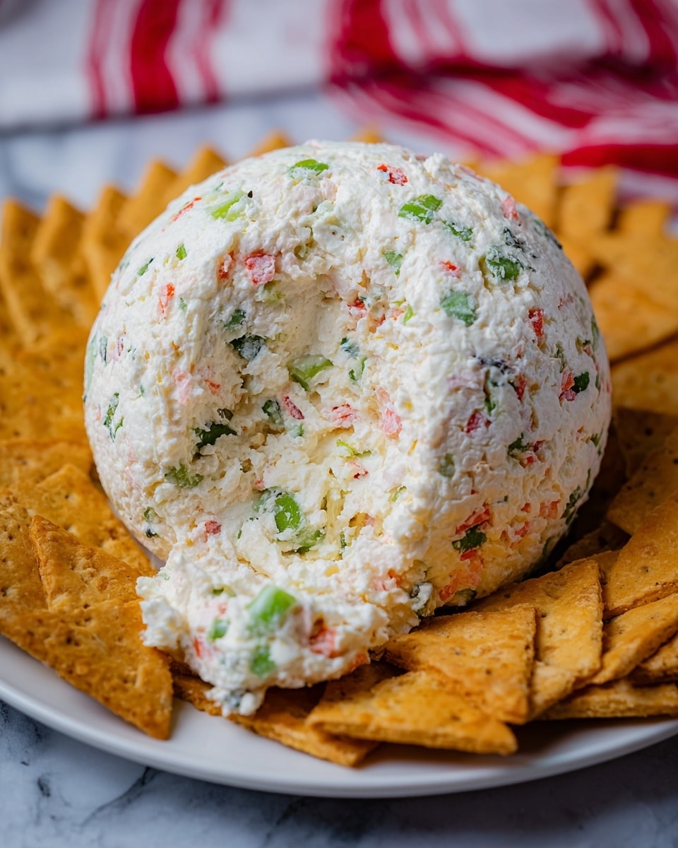 A round, soft cheese ball mixed with small pieces of green and red vegetables sits on a white plate, surrounded by golden-brown triangular crackers. The outside of the cheese ball is creamy white with visible bits of vegetables, and a large scoop has been taken from the front, revealing a soft, chunky inside with the same colorful vegetable pieces. The plate rests on a white marbled surface with a red and white striped cloth blurred in the background. photo taken with an iphone --ar 4:5 --v 7