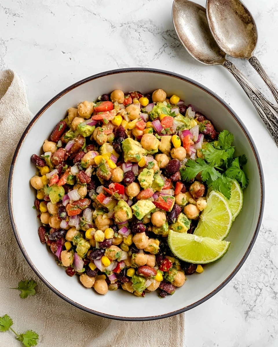 A white bowl with a thin dark rim holds a colorful mixed bean salad that fills the bowl almost to the top. The salad contains layers of light brown chickpeas, red kidney beans, black beans, yellow corn kernels, diced red onion, small red tomato pieces, and green avocado chunks, all mixed together for a textured look. A small bunch of bright green cilantro leaves rests on one side of the salad, and three lime wedges with vibrant green skin sit neatly on the right side of the bowl. The bowl sits on a white marbled surface with a light beige cloth partially underneath, and two vintage silver spoons lay diagonally above the bowl. Photo taken with an iphone --ar 4:5 --v 7