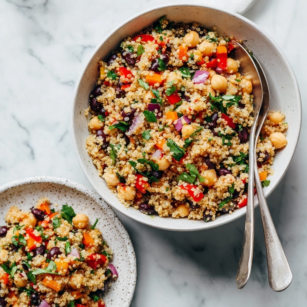 A close-up view of a white speckled plate and a large dark bowl filled with a quinoa salad. The salad has three main layers: the light golden quinoa grains as the base, mixed with black beans and beige chickpeas scattered evenly, and chopped red bell peppers, small cherry tomato pieces, red onions, and green herbs sprinkled throughout, adding bright red, purple, and green colors. Two silver spoons rest in the bowl, their handles lying on a white marbled surface. Photo taken with an iphone --ar 4:5 --v 7