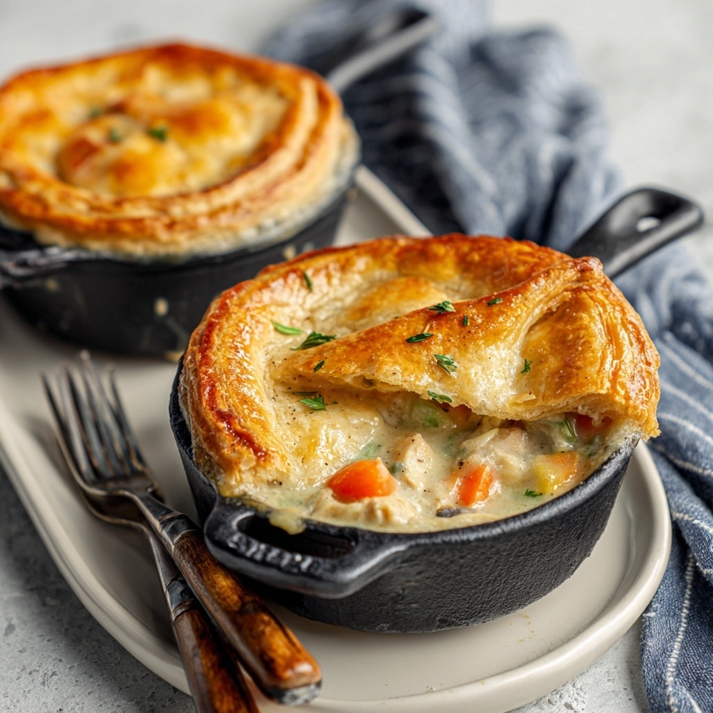 Two small round pot pies with a shiny golden-brown flaky crust sit on a white oval ceramic dish over a white marbled textured surface. One pot pie has a triangular piece of its crust removed, showing a creamy filling with chunks of white meat, orange carrot slices, and green herbs inside. Each pot pie is baked in a small black cast iron pan with handles. Two forks with wooden handles rest next to the pies on the dish. The background features a striped cloth with blue and white lines. Photo taken with an iphone --ar 4:5 --v 7