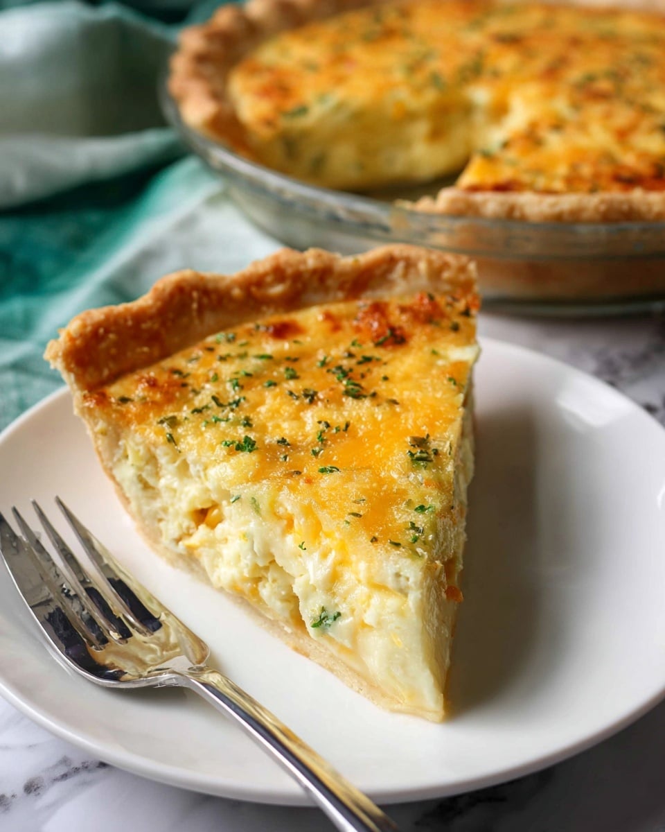 A slice of quiche with three visible layers sits on a white plate with a silver fork beside it. The bottom layer is a golden brown crust with a slightly crimped edge, the middle layer is light and creamy with soft textures, and the top layer is a melted cheese topping tinged with yellow and dotted with small green herbs. In the background, the rest of the quiche is visible in a clear glass pie dish on a white marbled surface, with a green and white cloth adding a soft backdrop. The lighting highlights the smooth, glossy texture of the cheese and the flaky crust. photo taken with an iphone --ar 4:5 --v 7