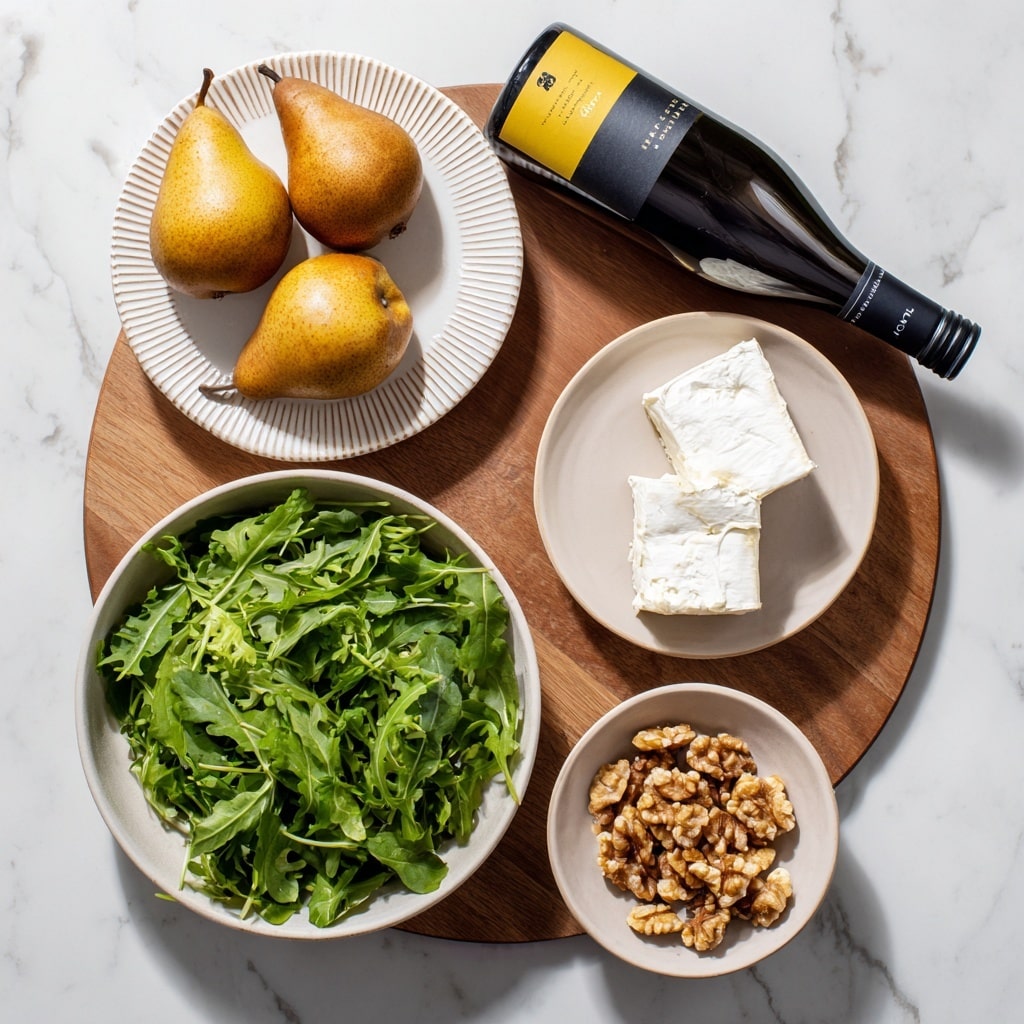 The image shows a wooden board on a white marbled surface with five items arranged on it: at the top left, two brownish-yellow pears rest on a white ridged round plate; to the right, a black bottle with a yellow and white label is placed diagonally; below the pears, there is a white bowl filled with fresh, bright green arugula leaves; next to it on the right, a small white bowl holds a handful of brown walnut pieces; and above the walnuts, an off-white shallow dish contains two slices of soft white cheese with a white rind. photo taken with an iphone --ar 4:5 --v 7
