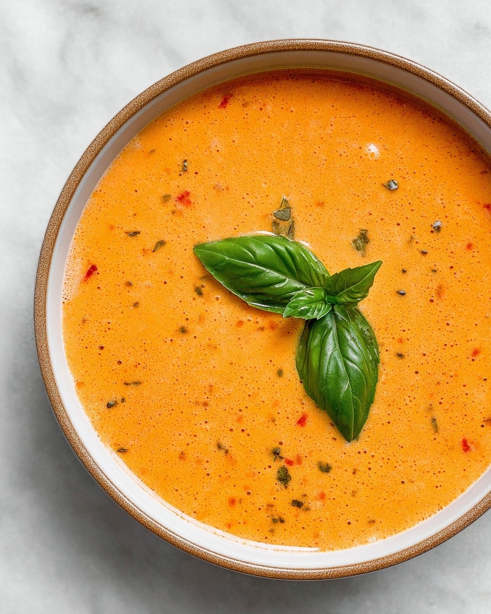 A white bowl is filled with smooth orange soup with small bits of herbs and spices showing through, giving it a textured look. The soup layer is the only layer, topped with a fresh green basil leaf resting on the surface near a silver patterned spoon partially dipped inside. The bowl sits on a white marbled texture surface, with fresh basil leaves scattered around for decoration. photo taken with an iphone --ar 4:5 --v 7