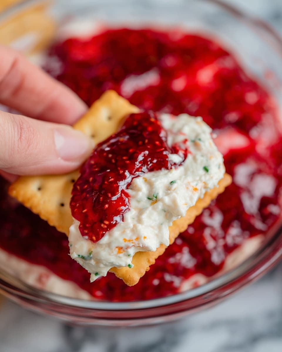 The image shows a clear glass bowl with two visible layers; the bottom layer is creamy white and smooth, while the top layer is a thick, glossy deep red fruit jam with seeds, spread evenly except for a scoop taken out on the bottom right side. Next to it is a white plate holding five golden-yellow rectangular crackers, slightly stacked, with more of the two-layer spread—white cream mixed with red jam—placed under and around them. The bowl and plate sit on a black-and-white checked cloth over a white marbled surface. photo taken with an iphone --ar 4:5 --v 7