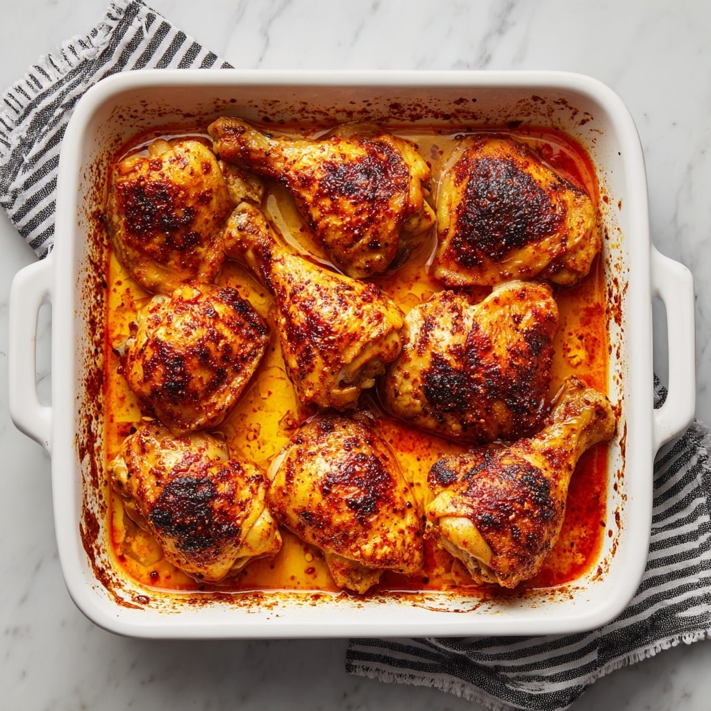 A white rectangular baking dish filled with eight golden-brown baked chicken pieces of different cuts including drumsticks and wings. The chicken has a slightly crispy texture with a reddish seasoning crust and is sitting in a shallow pool of reddish-orange cooking juices. The edges of the dish show some browned and slightly charred spots from the baking process. The dish is placed on a white marbled surface with a black-and-white striped towel partially visible underneath. Photo taken with an iphone --ar 4:5 --v 7