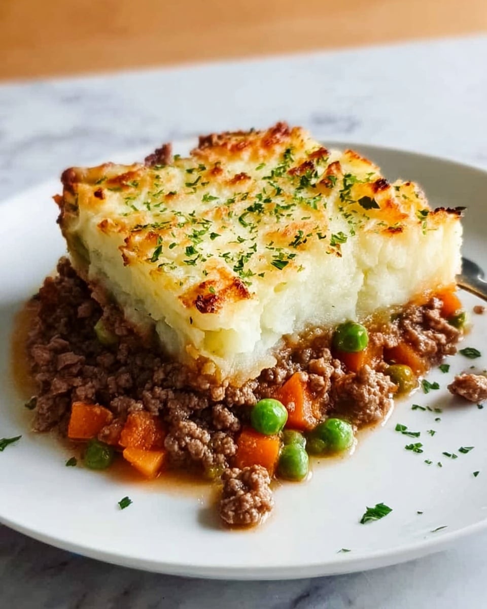 A white casserole dish filled with a baked shepherd's pie showing two main layers: the top layer is golden brown and slightly crispy mashed potatoes sprinkled with small green herb pieces, and the bottom layer consists of cooked ground beef mixed with bright diced carrots, yellow corn kernels, and green peas in a rich sauce. A wooden spoon scoops a portion, lifting the layered mixture clearly showing the smooth, creamy potato topping and the mixed vegetable-meat filling beneath. The dish sits on a white marbled surface with a blurred blue cloth in the background. Photo taken with an iphone --ar 4:5 --v 7
