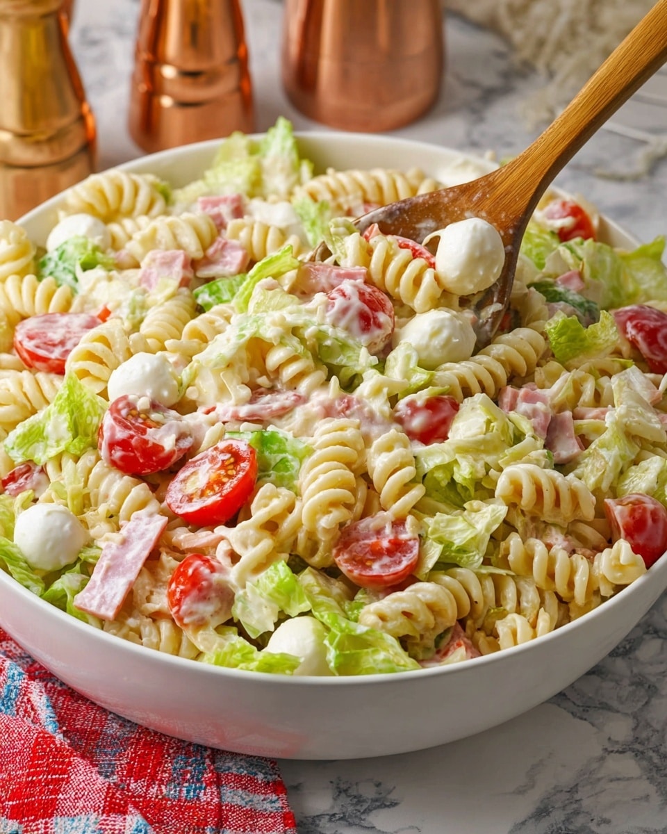 A white bowl filled with a creamy rotini pasta salad that has three main layers: twisted pale yellow pasta, bright red sliced cherry tomatoes, and light green chopped lettuce mixed evenly with small white mozzarella balls and thin slices of pink salami. On top of the salad, there is a shiny gold spoon scooping up a mix of all these ingredients. The bowl sits on a white marbled surface, with two metallic copper containers blurred in the back and a piece of bread partially visible on the side. Photo taken with an iphone --ar 4:5 --v 7