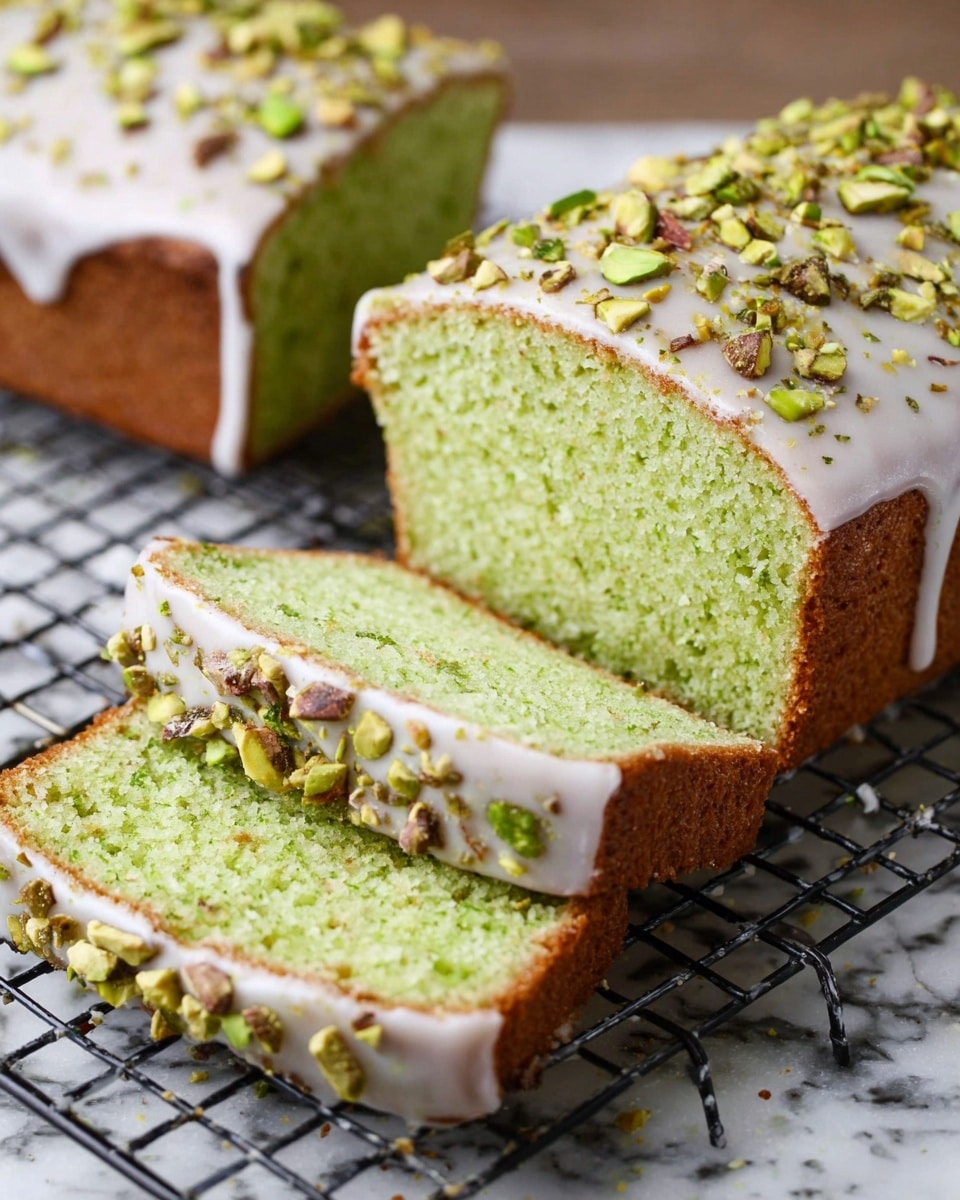 A loaf cake with a light brown outer crust and bright green soft inside, sliced to show the texture; the top is covered with a thick white glaze dripping slightly down the sides, sprinkled with chopped pistachios in shades of green and light brown, all resting on a cooling rack placed on a white marbled surface. Photo taken with an iphone --ar 4:5 --v 7