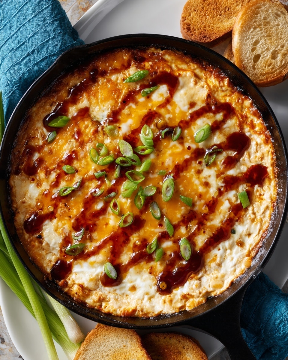 A black skillet filled with a warm, creamy dip that has a golden-brown, bubbly top layer with melted white and orange cheese melted unevenly across the surface. Drizzled in dark reddish-brown sauce in wavy lines across the cheese are small green onion rings scattered evenly over the dip, adding a fresh green contrast. Around the skillet, slices of toasted golden brown bread and a green onion lie on a white marbled surface with a blue cloth nearby. photo taken with an iphone --ar 4:5 --v 7