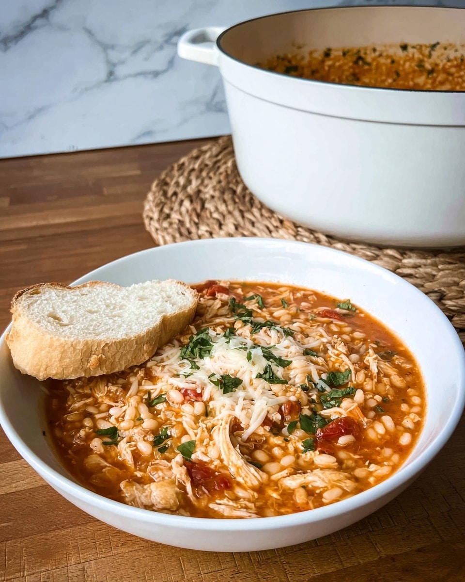 A white bowl filled with a thick soup made of small round pasta pearls mixed with shredded chicken and diced tomatoes in a rich, orange-red broth, topped with scattered green herbs and some melted cheese creating a slightly creamy texture on the surface; a thick slice of crusty white bread rests on the edge of the bowl, and behind it, a large white pot sits on a woven mat on a wooden table with a white marbled background, photo taken with an iphone --ar 4:5 --v 7