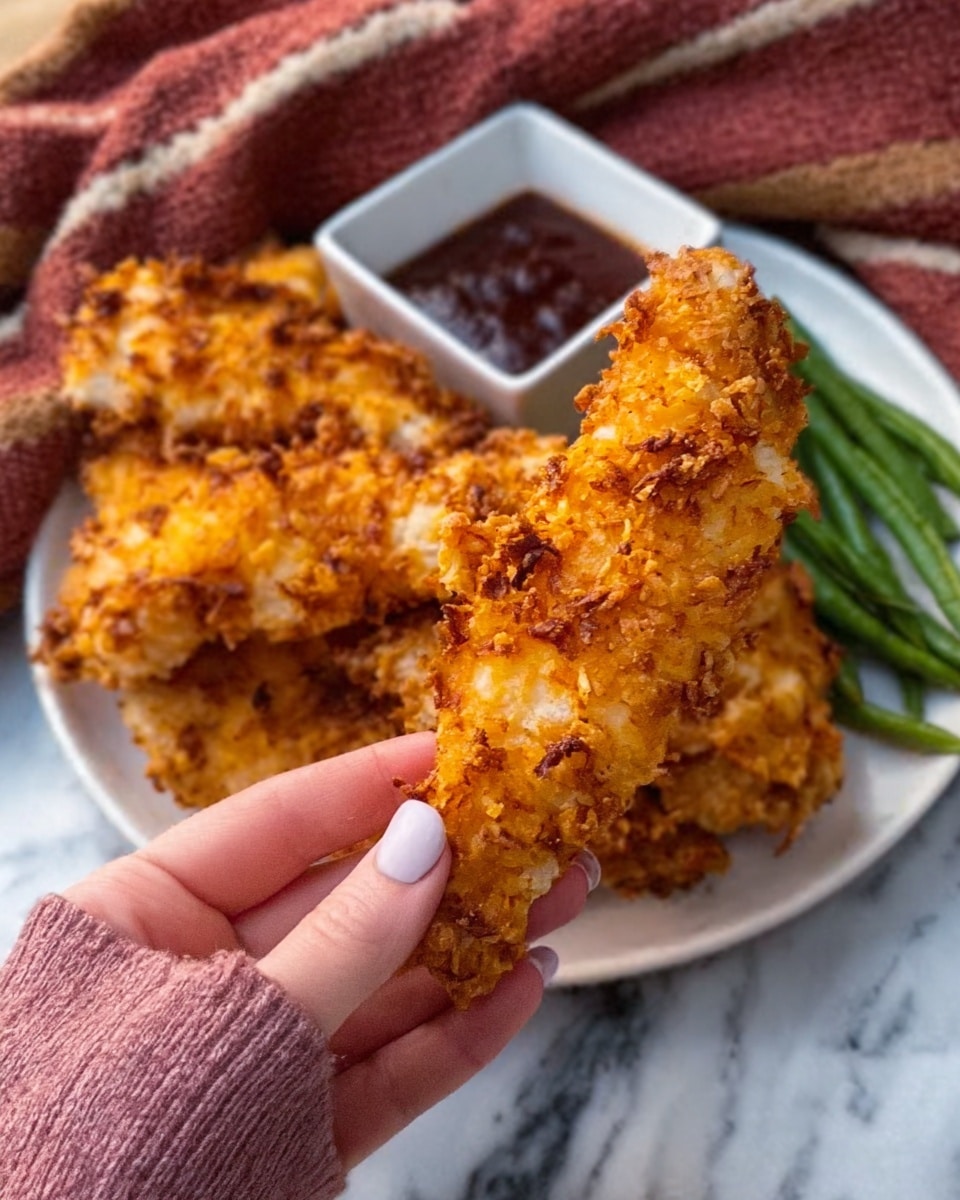 A close-up of a woman’s hand with red painted nails holding a crispy fried chicken strip. The chicken’s outer layer is golden brown and crunchy with visible seasoning, while the inside shows tender, juicy white meat being pulled apart. In the background, there is a white plate with a few more pieces of crispy fried chicken and a small pink dipping sauce container. The whole scene is set on a white marbled surface. photo taken with an iphone --ar 4:5 --v 7