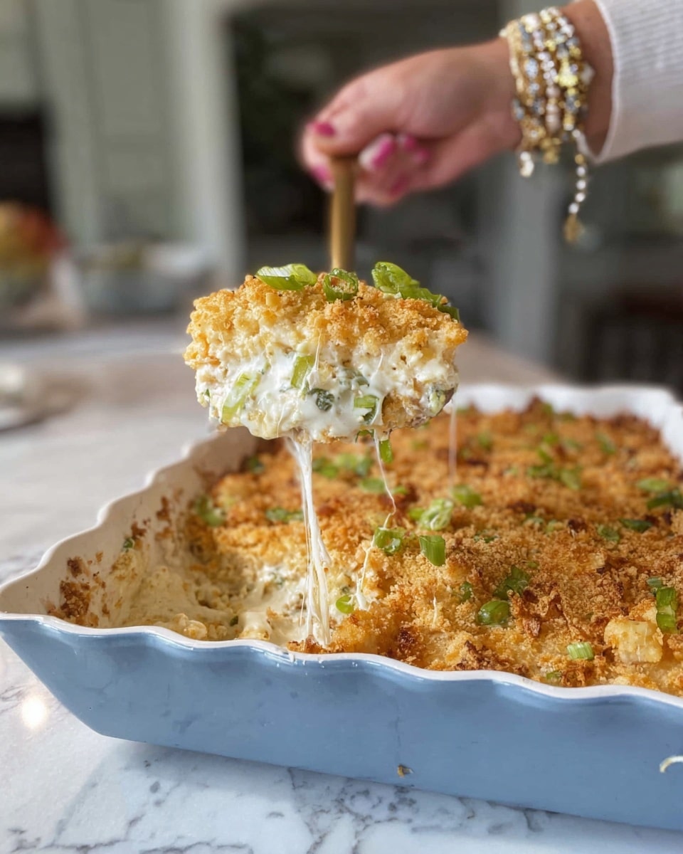 A close-up of a baked casserole being lifted by a woman's hand with dark red nail polish and a gold bracelet, showing a thick slice with three layers: a crispy golden brown breadcrumb topping with small green herbs, a creamy white and yellow cheese layer mixed with green bits inside, and a soft base that appears to contain shredded chicken; the casserole dish is white with a blue scalloped edge, sitting on a white marbled surface, topped with chopped green onions scattered on the breadcrumb crust. photo taken with an iphone --ar 4:5 --v 7