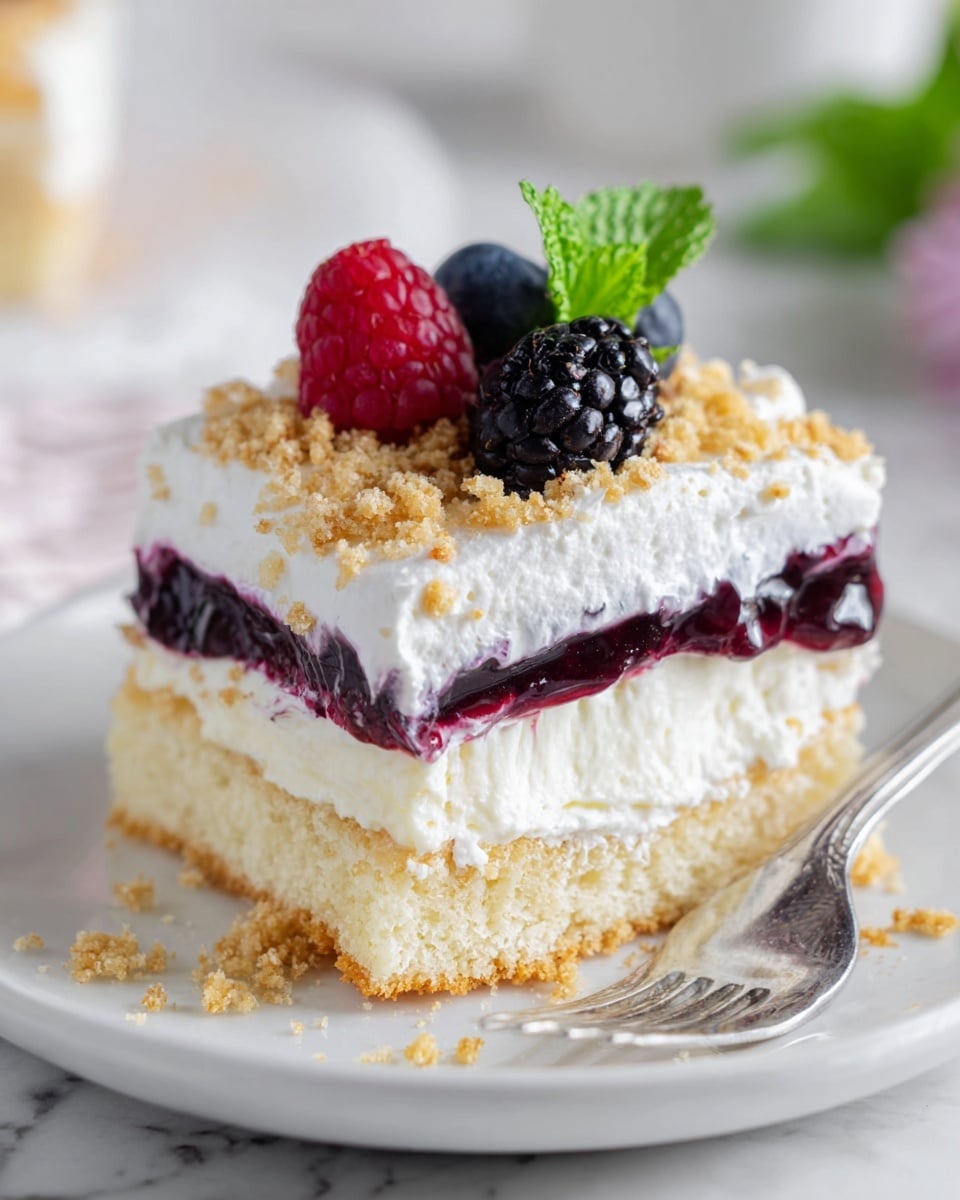 A square piece of cake with four visible layers sits on a white plate with some crumbs scattered around. The bottom layer is a light yellow sponge cake with a soft, airy texture. Above that is a creamy white layer that looks smooth and thick, slightly oozing down the side. On top of the cream is a thin dark purple fruit jelly layer, shiny and glossy. The top layer is a thick white whipped cream sprinkled with golden brown crumbs for texture. Three fresh berries—a red raspberry, a dark blackberry, and a small blueberry—are placed neatly on one corner, with a small fresh green mint leaf behind them. The setting features a white marbled surface in soft focus in the background. A metal fork rests next to the plate. photo taken with an iphone --ar 4:5 --v 7