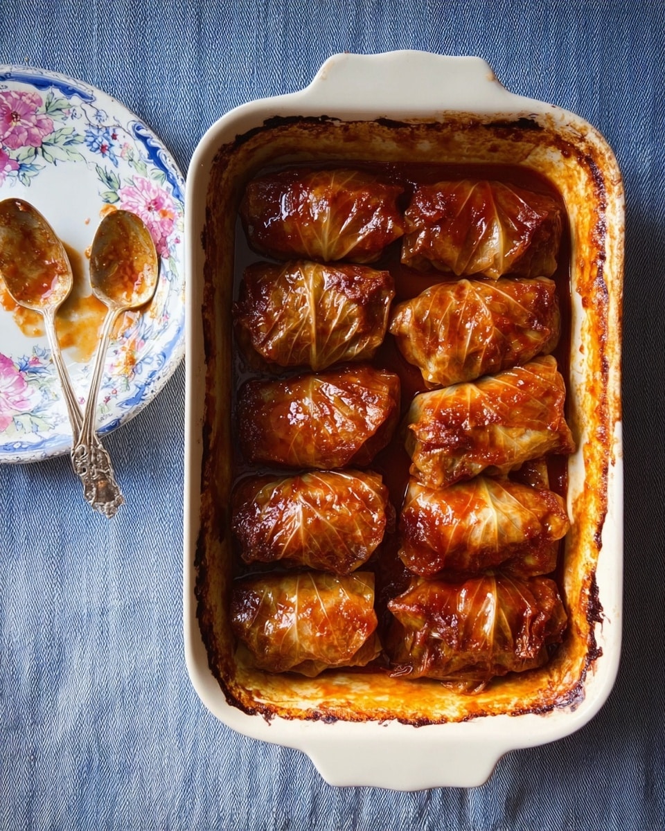 A white, rectangular baking dish with wavy edges holds ten cabbage rolls tightly packed in two neat rows. Each roll is wrapped in cooked cabbage leaves that are shiny and brownish-orange from soaking in a rich, thick tomato-based sauce visible at the bottom and coating the rolls, with darker edges around the dish showing slight browning from baking. To the side, a small white plate with blue and pink floral patterns holds a spoon and fork resting on leftover sauce stains. The setting is on a white marbled textured surface covered halfway by a blue cloth underneath the baking dish. Photo taken with an iphone --ar 4:5 --v 7