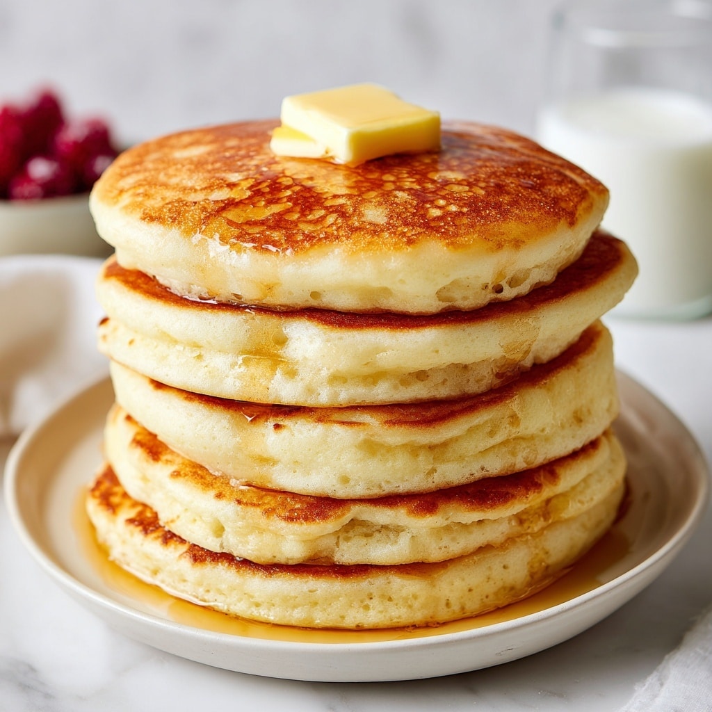 A stack of seven golden brown pancakes with varying shades of light and dark browns showing their fluffy texture is placed on a white plate. On top of the stack sits a square of lightly melted butter, pale yellow in color, with amber-colored syrup pouring onto it and dripping down all sides of the pancakes, creating shiny, thick streams. The pancakes and syrup catch the light softly against a white marbled surface in the background. photo taken with an iphone --ar 4:5 --v 7