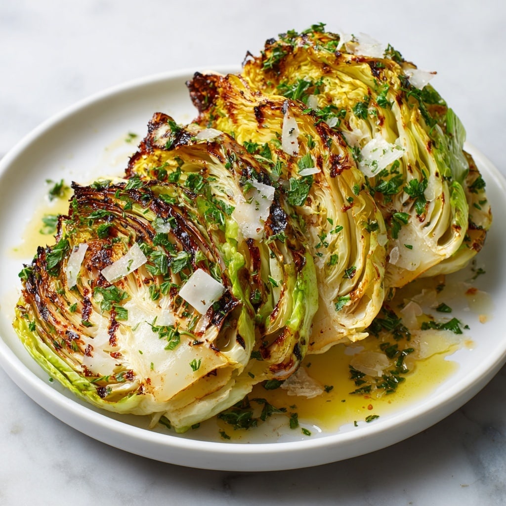 The image shows four wedges of grilled cabbage arranged close together on a white plate, each wedge revealing multiple layers of cooked vibrant yellow-green leaves with dark brown char marks on the edges. The cabbage layers are thick, with a mix of soft, translucent inner leaves and slightly crispy, browned outer leaves. The wedges are topped with a scattering of finely chopped fresh green herbs and small shavings of white cheese, which contrast against the golden tones of the cabbage. A drizzle of golden oil pools slightly around the wedges, adding a glossy texture to the dish. The plate sits on a white marbled texture. photo taken with an iphone --ar 4:5 --v 7