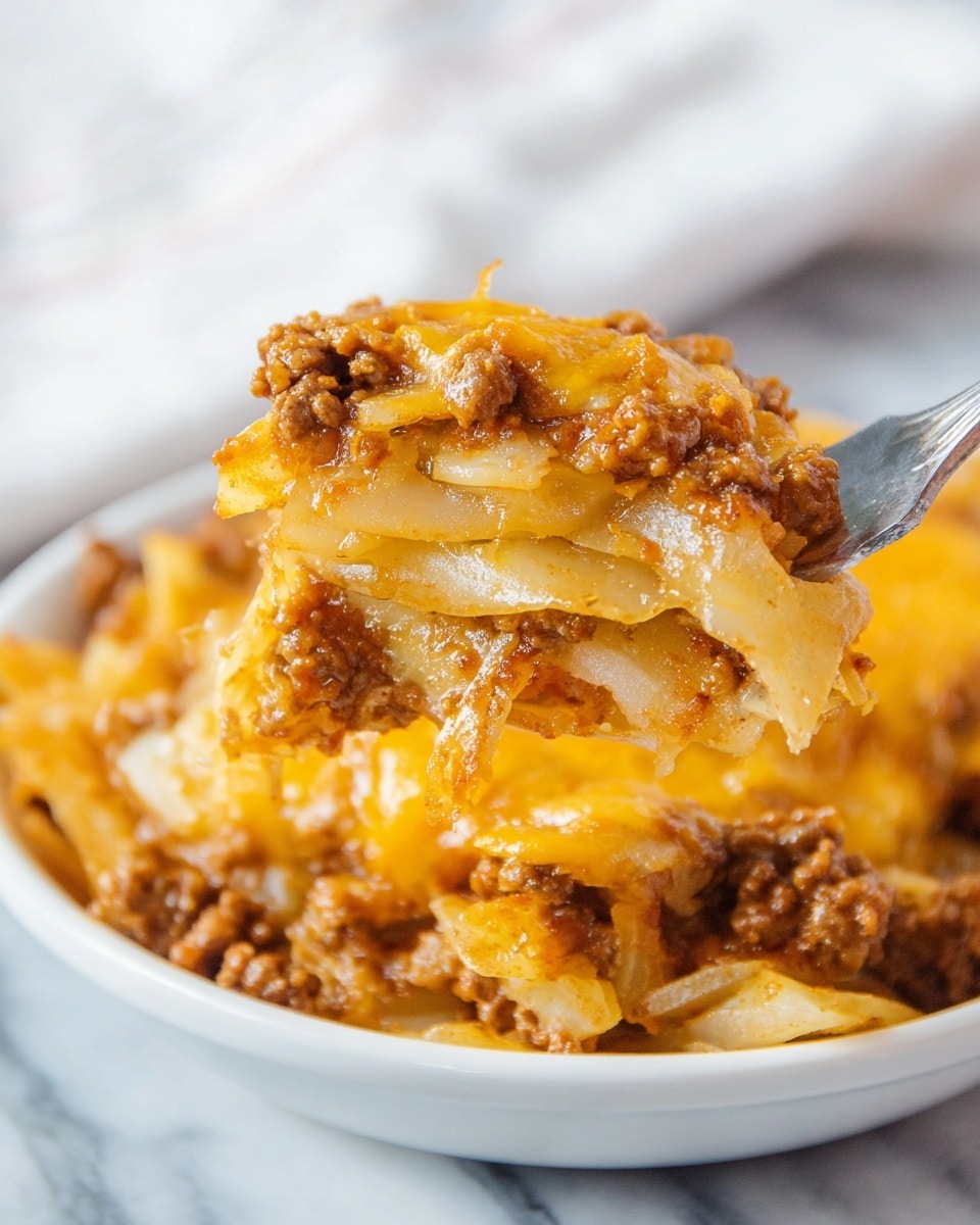 The image shows a layered baked dish inside a black slow cooker with a shiny finish. At the bottom, there are thin slices of yellow potatoes with a soft texture, topped by rings of translucent cooked onions scattered throughout. Above the onion layer, there are uneven chunks of browned ground meat spread over the dish. The whole dish is covered with melted cheese that has a golden orange color and slightly crispy edges, sprinkled with small bits of fresh green herbs. The inside edges of the slow cooker have some browned, crispy cheese bits stuck to them. The surface under the slow cooker is a white marbled texture. photo taken with an iphone --ar 4:5 --v 7