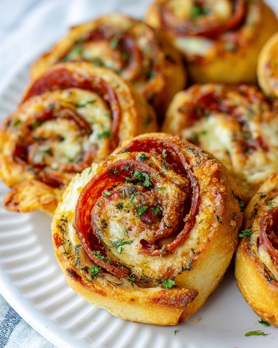 The image shows several golden-brown pizza rolls arranged closely on a white plate with a ribbed edge, placed on a white marbled surface. Each roll has visible layers starting from a slightly crisp and flaky outer bread layer, tightly wrapped around a middle layer of red pepperoni slices with slightly crisp edges, and a creamy melted cheese layer mixed with green herbs in the center. Small bits of parsley are sprinkled on top, adding a touch of green contrast to the warm colors of the rolls. The texture of the rolls looks soft inside with crispy outside edges and melted cheese in the spirals. photo taken with an iphone --ar 4:5 --v 7