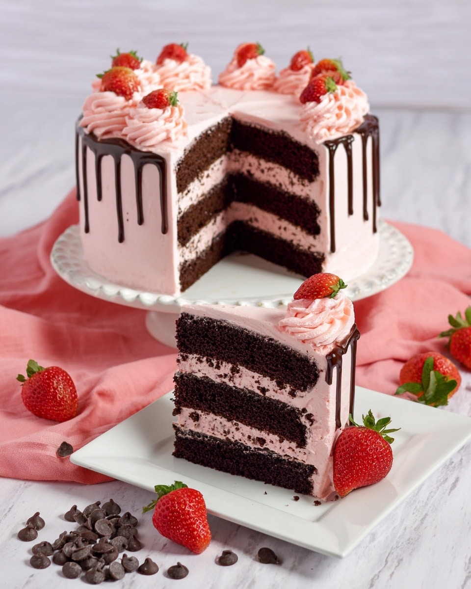 A slice of three-layer chocolate cake with light pink frosting between each layer and covering the top. The pink frosting has a soft, creamy texture with two swirls on top. A fresh, bright red strawberry with green leaves sits on the top center. The cake is on a white plate with three small chocolate chips lined up at the front edge. The background includes several fresh strawberries on a white marbled surface, with part of a white bowl visible. The surface under the plate has a red and white checkered cloth. photo taken with an iphone --ar 4:5 --v 7