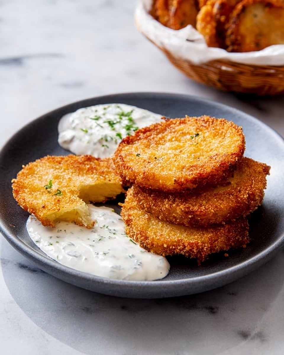 A white basket lined with white parchment paper filled with golden-brown, crispy fried pickle slices arranged in two layers, some stacked and overlapping on each other, with a small green bowl filled with white creamy dipping sauce placed in the middle of the basket, all set on a white marbled surface with two dark stacked plates nearby, photo taken with an iphone --ar 4:5 --v 7